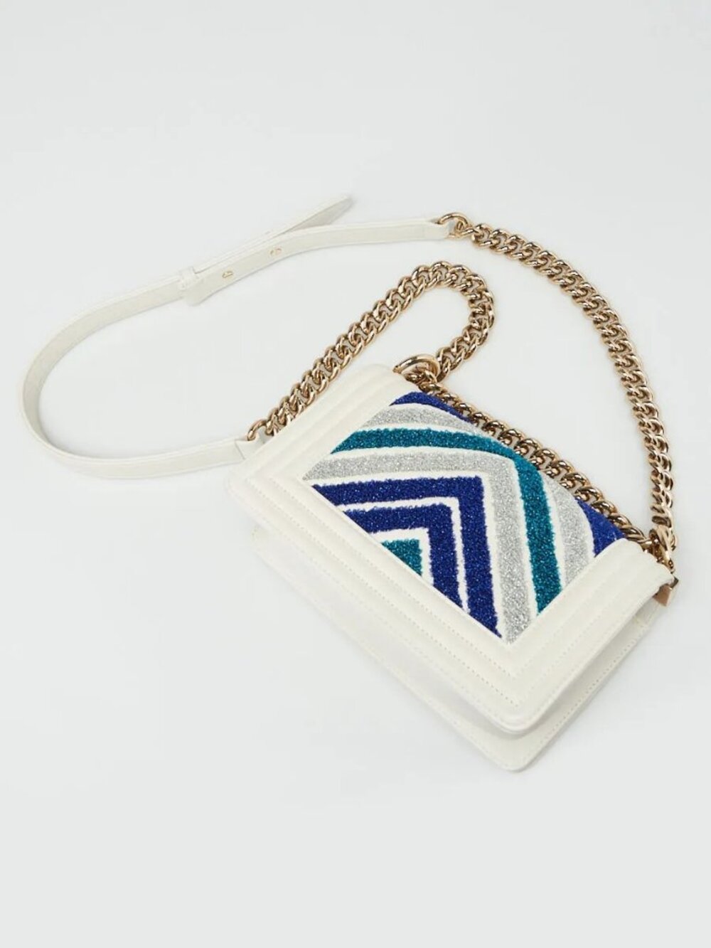 Chanel White Leather and Multicolor Lurex Chevron Small Boy Bag - Picture 3 of 11